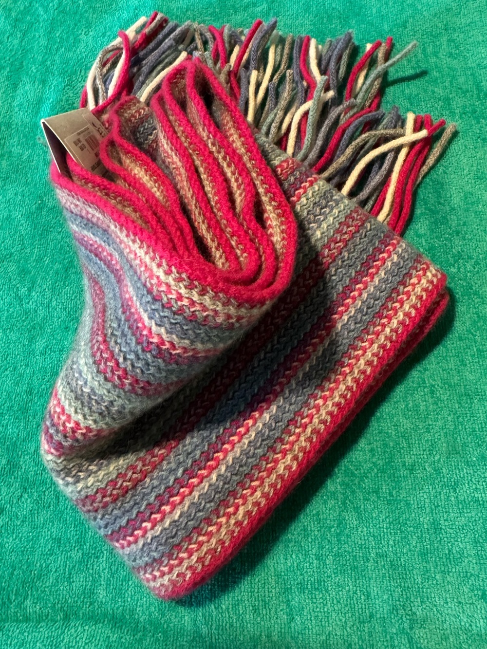 Striped Knit Fringe Scarf in Pink and Gray
